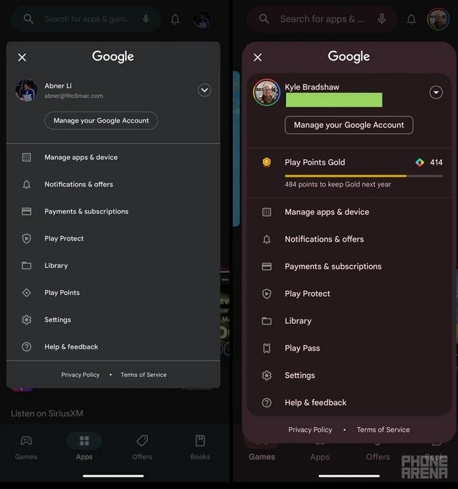 The old Google Account Switcher at left, the updated UI at right Image Credit 9to5Google - Google updates a Play Store feature and Nearby Share using Material You designs