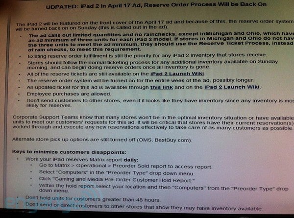 This internal Best Buy memo laid out the  retailer&#039;s game plan for the Apple iPad 2 for this week - Best Buy frustrates customers with lack of Apple iPad 2 inventory