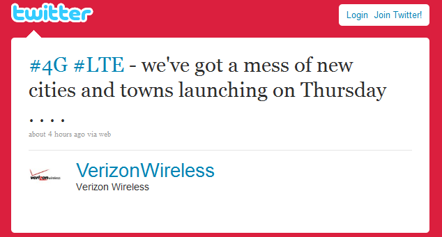 Verizon&#039;s tweet says it will expand its LTE covergae this Thursday - Verizon to add LTE coverage to more cities and towns this Thursday