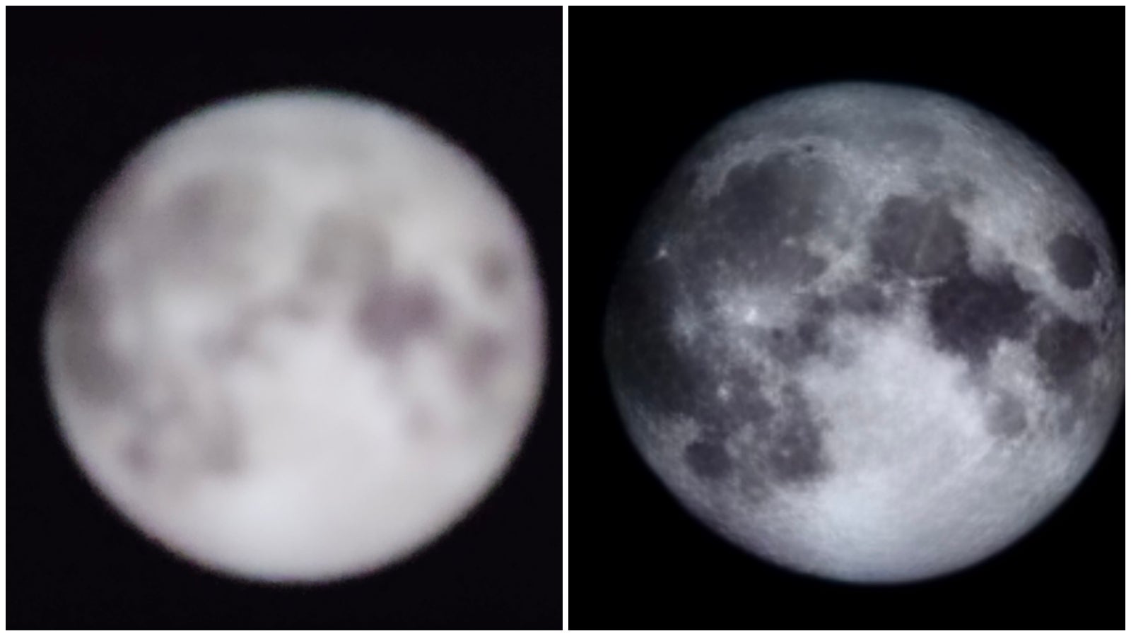 On the left is the very same blurry image of the moon as displayed on my MacBook screen; on the right is what the Galaxy S23 Ultra managed to capture when I moved farther back and took a photo beyond 25x zoom - I think it was 50x. - Concluded: Samsung phones take “artificial” moon photos but Samsung has nothing to apologize for