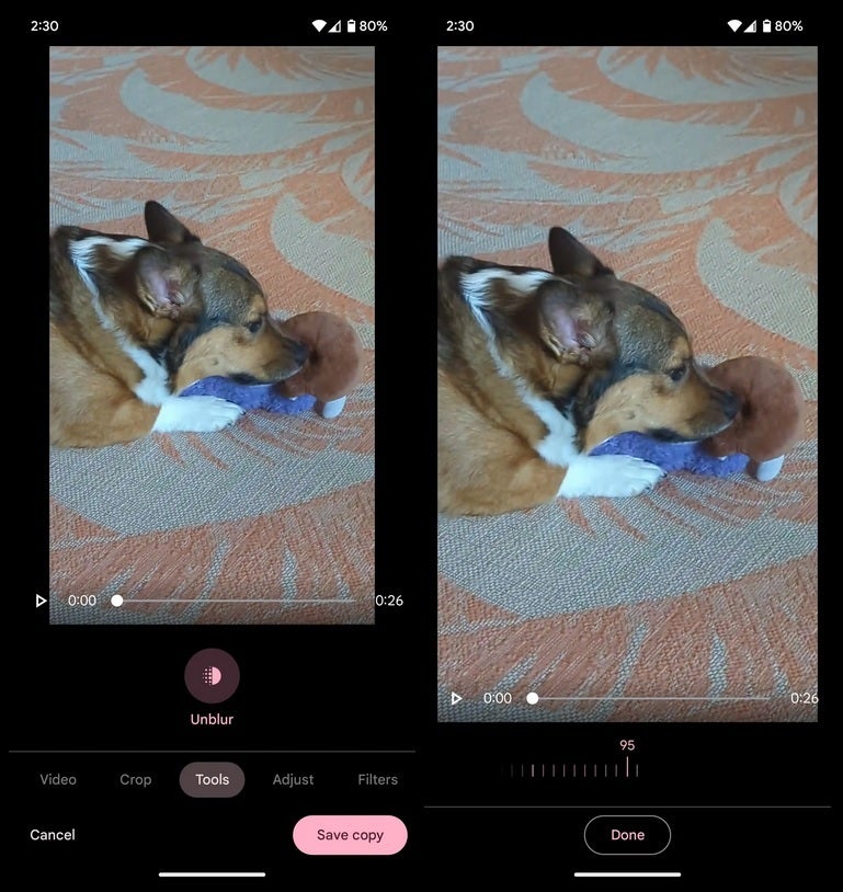 The UI for Video Unblur which could be a feature on the upcoming Pixel 8 line. Image Credit 9to5Google - Hidden code reveals Video Unblur for the upcoming Pixel 8 series and a new video editing feature