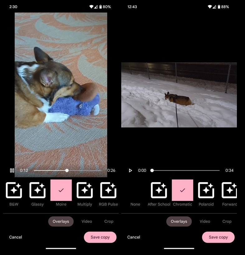 The UI for the Overlays feature which will add effects to videos. Image Credit 9to5Google - Hidden code reveals Video Unblur for the upcoming Pixel 8 series and a new video editing feature
