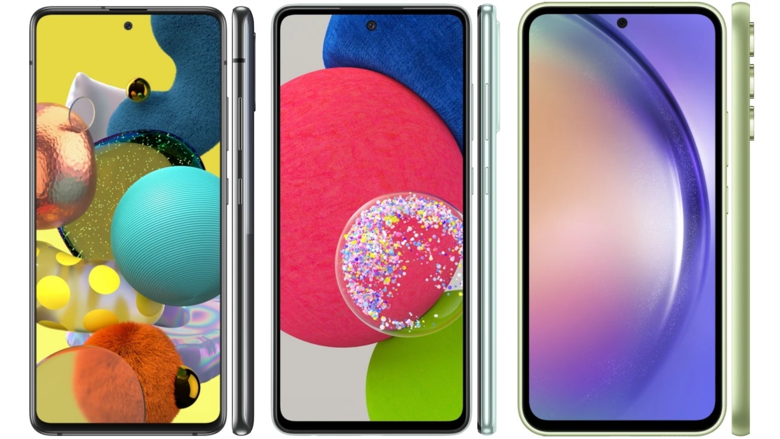 El Galaxy A51 2019 a la izquierda, el Galaxy A52 2021 en el medio y el nuevo Galaxy A54 a la derecha.  Vemos una tendencia de bordes de pantalla más gruesos en los teléfonos más nuevos.  - Galaxy A54 - ¿Samsung ahora hace que los teléfonos más baratos sean peores para que la gente gaste más en Galaxy S23?