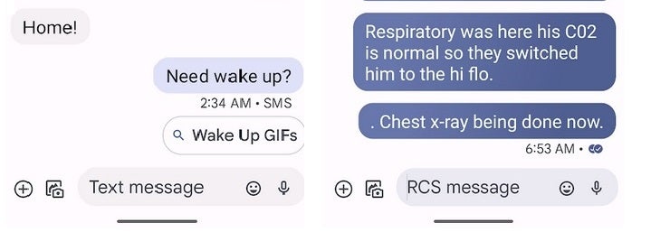 RCS to iMessage chat at left, RCS to RCS messaging on the right - Google adds profile pictures from the Contacts app to the Messages UI