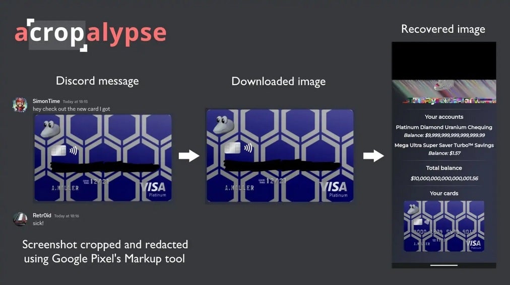 Example of how the aCropalypse flaw can expose personal information from an edited screenshot - Pixel vulnerability that hits the Markup screenshot editing tool is potentially dangerous