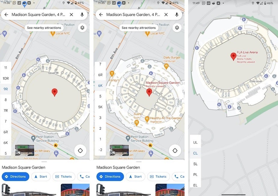 Google Maps showing different seating levels for MSG (Rangers, Knicks) and FLA Live Arena - The most exciting Google Maps experience has started to roll out