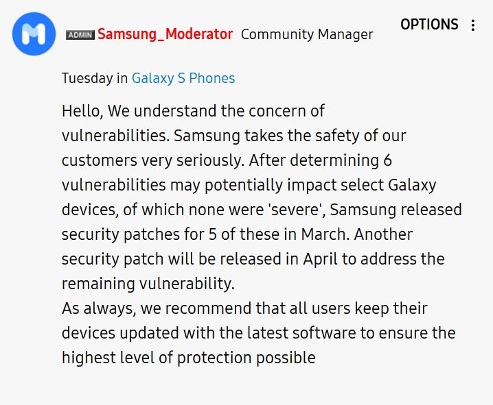 A Samsung community manager says that the flaw will be completely patched next month - Samsung will patch the last dangerous Exynos modem vulnerability in April