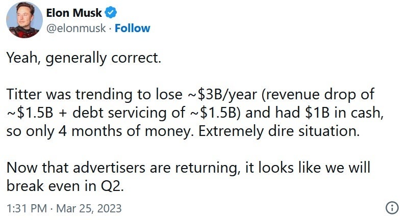 Musk tem grandes esperanças para o trimestre atual do Twitter - Musk avalia o Twitter em US$ 20 bilhões, menos da metade do que pagou pela plataforma