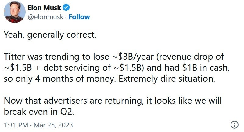 Musk has high hopes for Twitter's current quarter - Musk values Twitter at $20 billion, less than half of what he paid for the platform