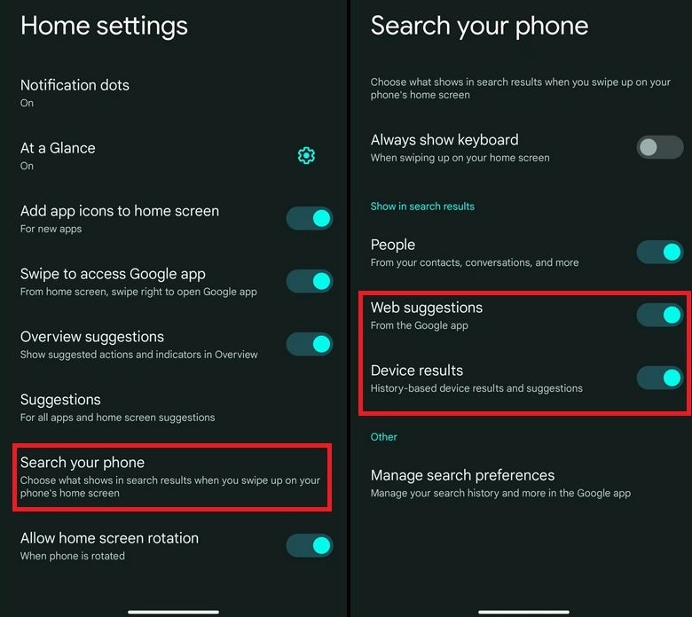 The red boxes show new information found on these pages after installing the QPR3 Beta 2 update. Image credit 9to5Google - QPR3 Beta 2 released to eligible Pixels; new toggle keeps thieves from watching you enter your PIN