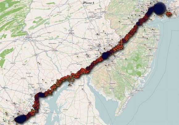 Map of an iPhone user&#039;s locations since last June, retrieved from the phone&#039;s logfile - iOS 4 tracks your every move by default since last June, there is not much you can do about it