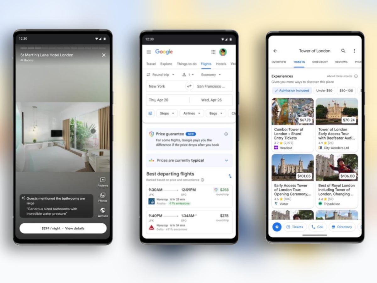 Some example screens from the three new Google Search features. - Google Search’s new features can help you save money when traveling
