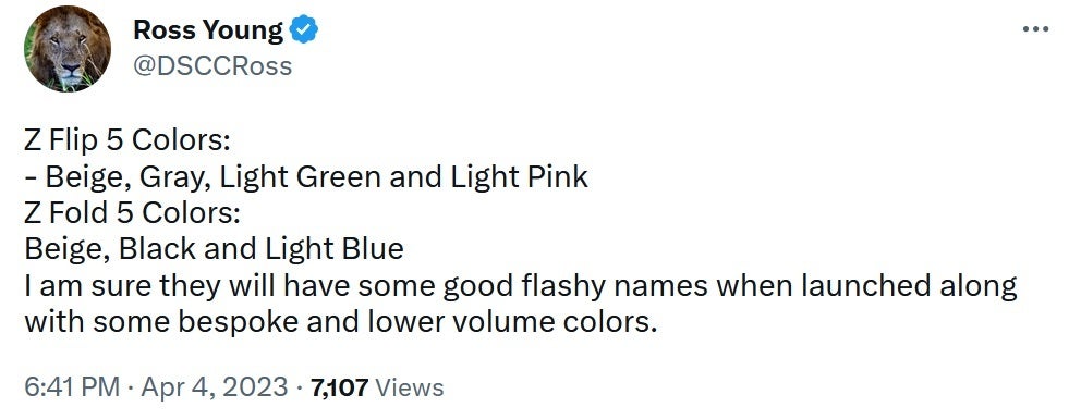 Ross Young reveals what he says will be the color options for the Galaxy Z Flip 5 and Galaxy Z Fold 5 - Accurate tipster reveals color options for upcoming Galaxy Z Flip 5 and Galaxy Z Fold 5