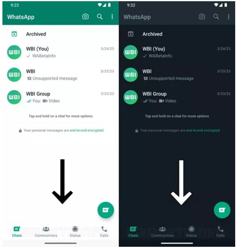 The Android version of the WhatsApp Beta app will have the navigation tabs moved to the bottom. Image credit WABetaInfo - Update to Android's WhatsApp Beta app makes it easier to use