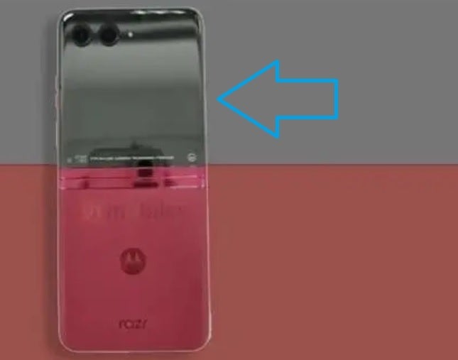 Arrow points to the rumored large Quick View display on what is believed to be a live image of the new Razr - The Motorola Razr 40 Ultra tipped to have the largest external display on a clamshell flipper