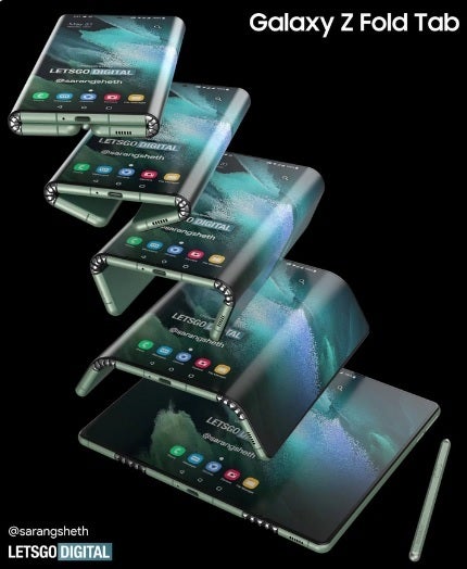 A 2021 render from LetsGo Digital shows how a Galaxy Z Tab might work - Samsung rumored to unveil foldable tablet later this year