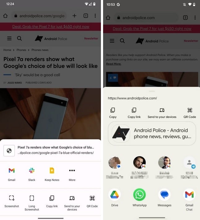 Sharing text on Chrome Beta with the old share sheet at left and the new one on the right. Image credit AndroidPolice - Google tests new look Android 14 share sheet in Chrome Beta