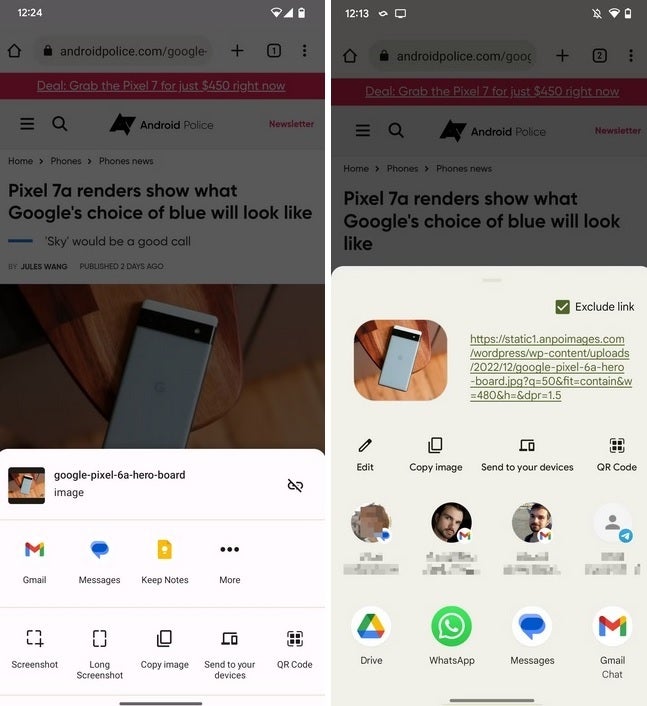 Sharing images on Chrome Beta with the old share sheet at left and the new one on the right. Image credit AndroidPolice - Google tests new look Android 14 share sheet in Chrome Beta