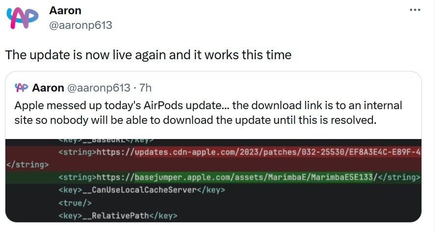 Tweet from AppleDB Dev Aaron says that the AirPods firmware update has been pushed out by Apple successfully this time - Apple screws up firmware updates for AirPods, pulls them, and then tries again