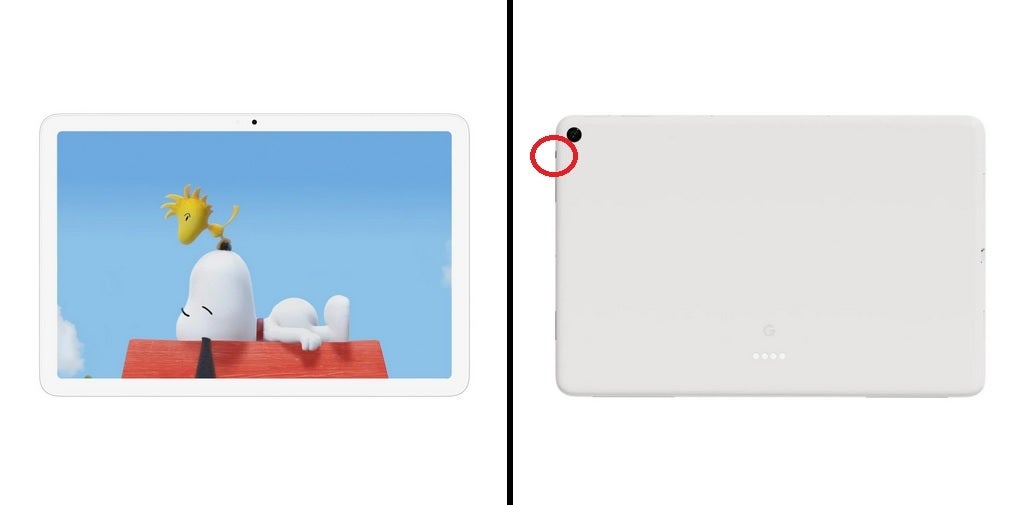 Tweet from SnoopyTech shows a toggle switch on the left side of the tablet where the red circle is - Newly tweeted Pixel Tablet photos show a newly added toggle to enable/disable mic and cameras