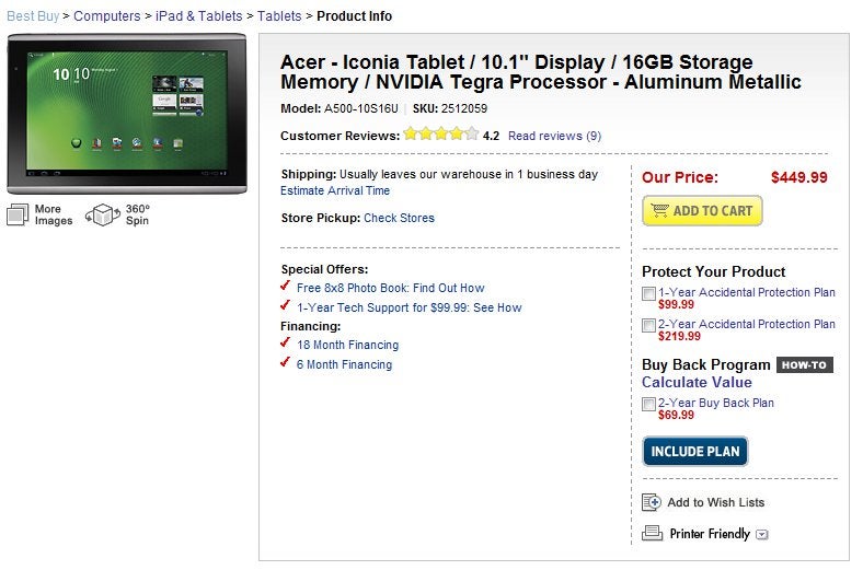 Best Buy is selling the Honeycomb filled Acer ICONIA Tab A500 for $450