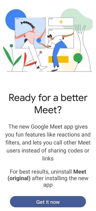 Google souhaite que vous supprimiez l'application Meet d'origine afin d'utiliser la nouvelle - Voulez-vous utiliser Meet ?  Google vous demande de désinstaller d'abord l'application Meet d'origine