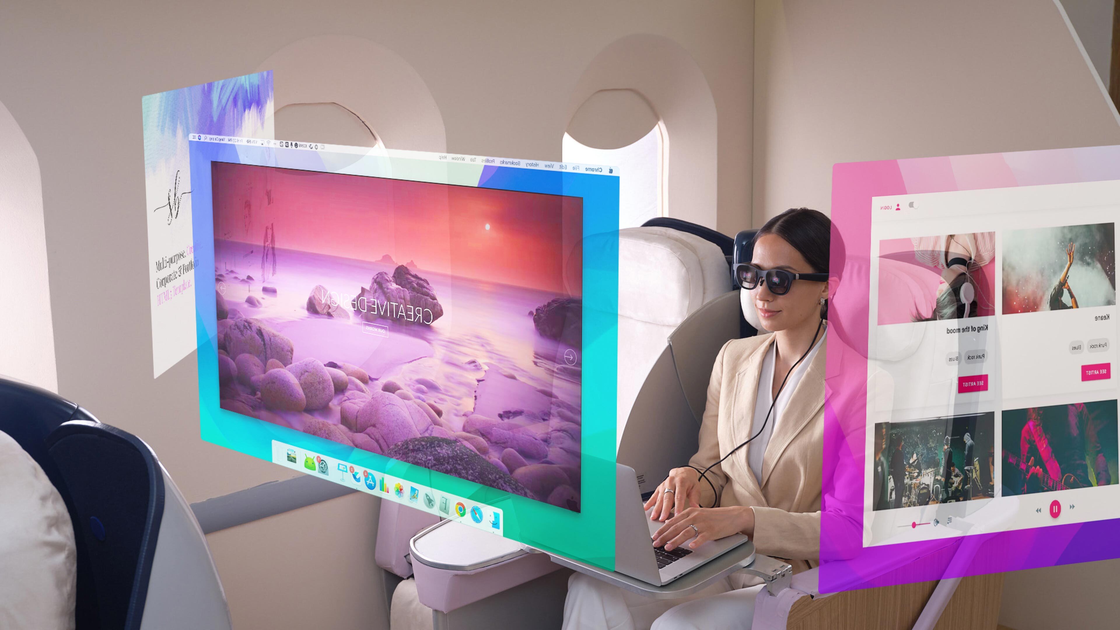 Multitasking with the Nreal Air glasses displaying three virtual screens, powered by a Mac running the Nebula app - Best AR glasses and headsets: augmented reality is here to stay!