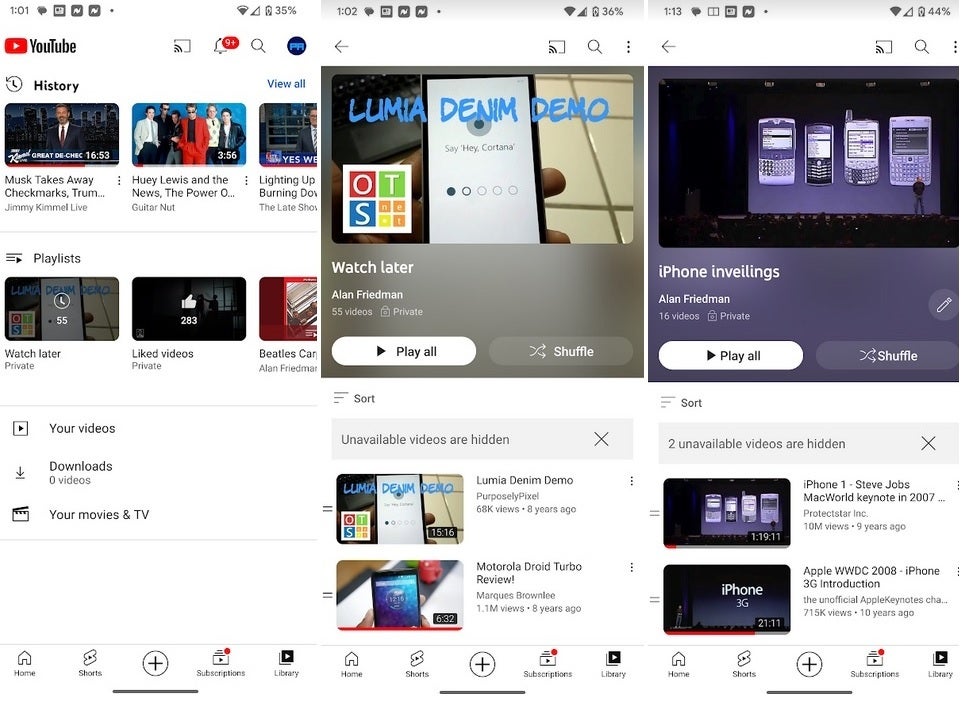 The new UI for the Android and iOS YouTube Library tab - Google makes changes to the Library tab UI on the Android and iOS variants of the YouTube app