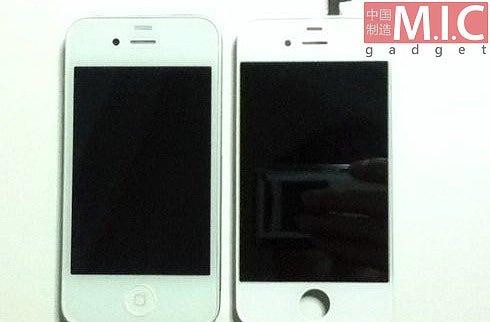 The yet-unofficial white iPhone 4 (left) next to alleged iPhone 5 faceplate - Alleged faceplate of the next iPhone hints at a slightly larger display