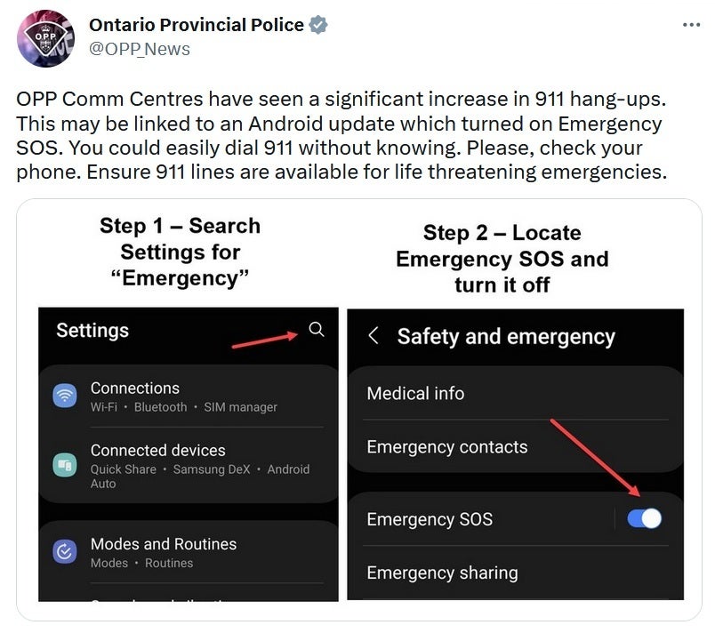 La police provinciale de l'Ontario veut que vous désactiviez la fonction SOS d'urgence sur votre téléphone Android - Les policiers demandent aux utilisateurs d'Android de désactiver le SOS d'urgence en cas d'appels accidentels au 911