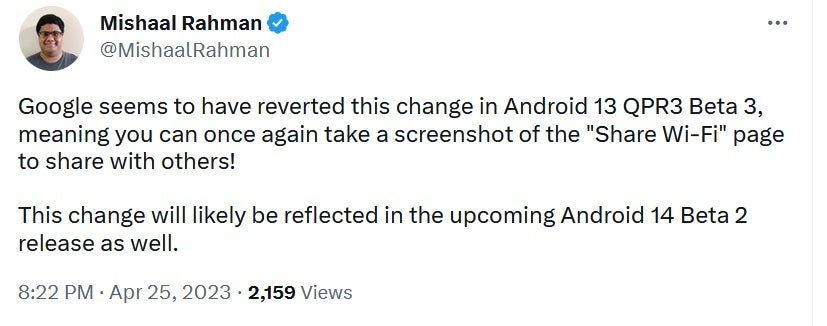 Rahman tweets that Google will return Wi-Fi sharing to compatible Pixel models in June - Next Pixel Feature Drop will bring back a feature that was removed on purpose in March