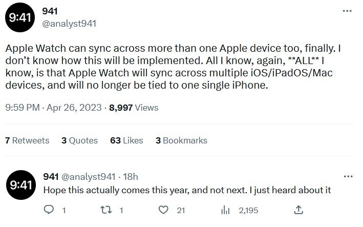 Tipster @analyst941 says the Apple Watch will soon be allowed to pair on multiple Apple devices - Apple will reportedly allow Apple Watch to pair with multiple devices