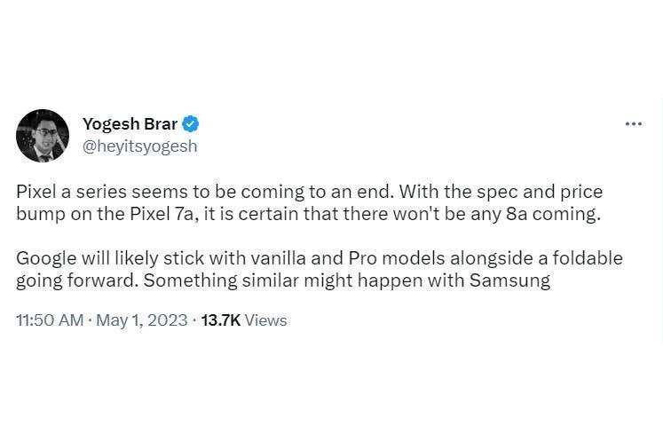 Leaker is &#039;certain&#039; that Pixel 7a will be Google&#039;s last a series phone