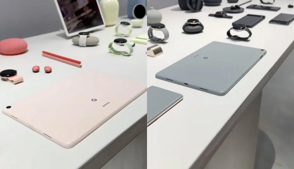 Photos of the Pixel Tablet in two colors including coral on the left - Google reportedly will announce two new phones, a tablet, and more at Google I/O