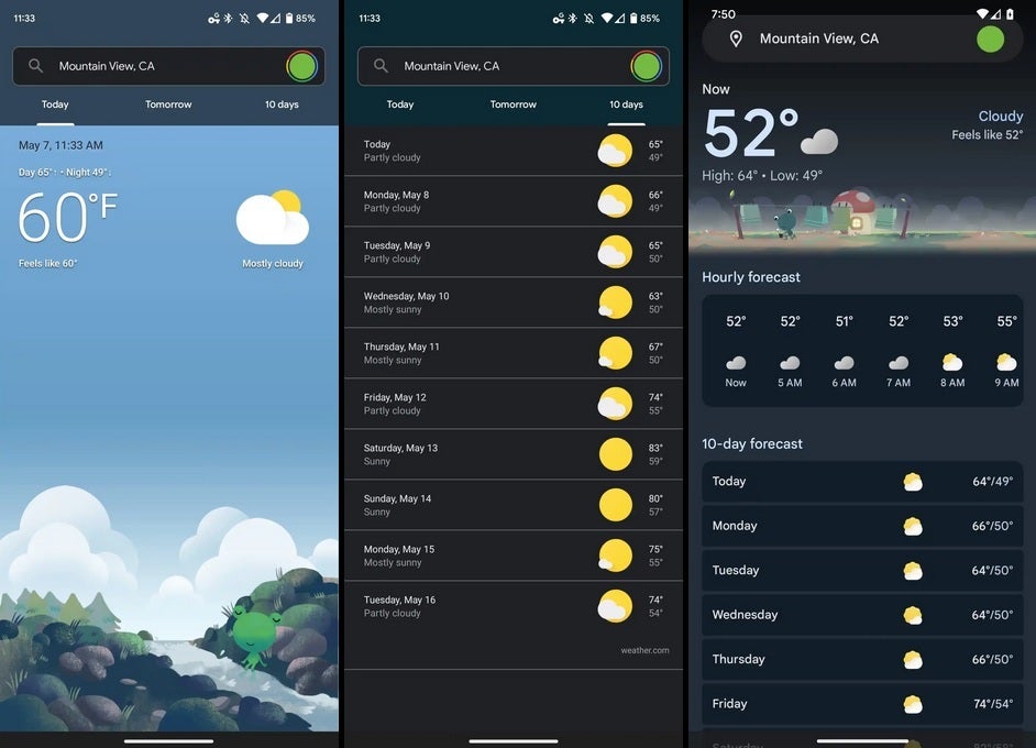 The current design is on the left and center with the redesigned app on the right. Image credit 9to5Google - Google Weather app for Android is getting a Material You redesign