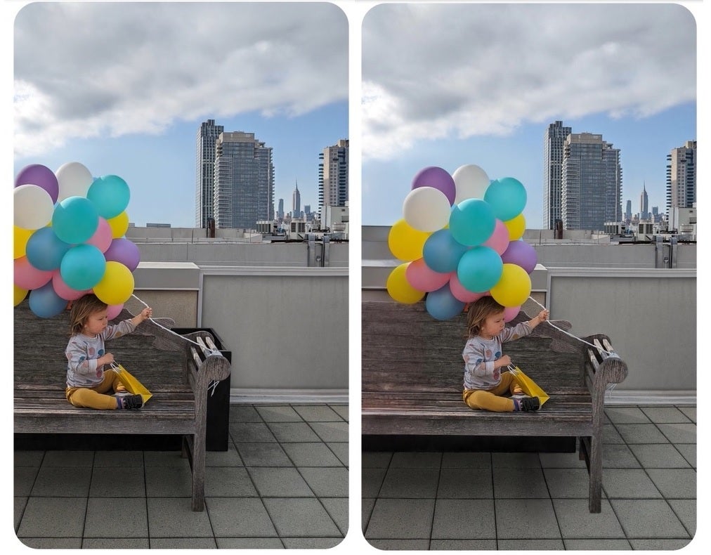 The original photo at left is transformed with Magic Editor - Google introduces AI-powered Magic Editor taking on-device photo editing to a new level