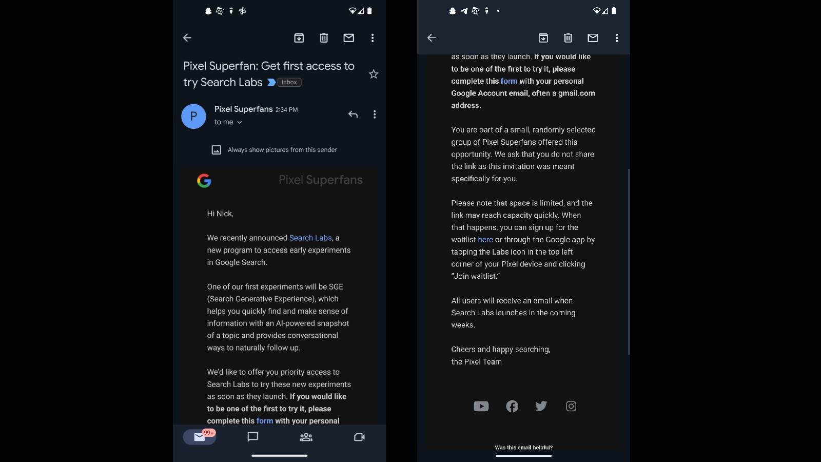 Un e-mail invitant un utilisateur à essayer&nbsp;Search Generative Experience - Google contourne à nouveau les règles pour donner aux Pixel Superfans un accès anticipé à la fonctionnalité d'IA