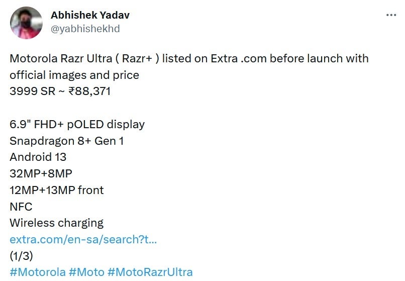 The original tweet discussing the retail listing and specs for the Razr 40 Ultra/Razr+ - Alleged retail leak shows a 6.9-inch p-OLED display for the Motorola Razr 40 Ultra/Razr+