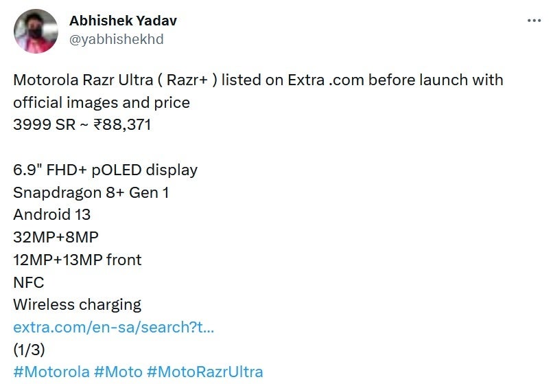 Le tweet original discutant de la liste de vente au détail et des spécifications du Razr 40 Ultra/Razr+ - Une fuite de détail alléguée montre un écran p-OLED de 6,9 ​​pouces pour le Motorola Razr 40 Ultra/Razr+