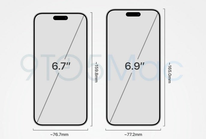 CAD image compares the 6.7-inch iPhone 15 Pro Max display with the rumored 6.9-inch display for 2024 - Compare larger iPhone 16 Pro Max display with this year's model
