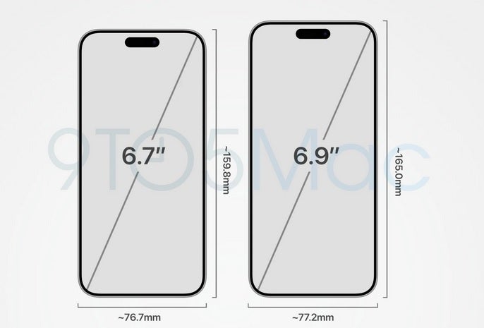 L'image CAO compare l'écran de l'iPhone 15 Pro Max de 6,7 pouces avec l'écran supposé de 6,9 ​​pouces pour 2024 - Comparez l'écran plus grand de l'iPhone 16 Pro Max avec le modèle de cette année