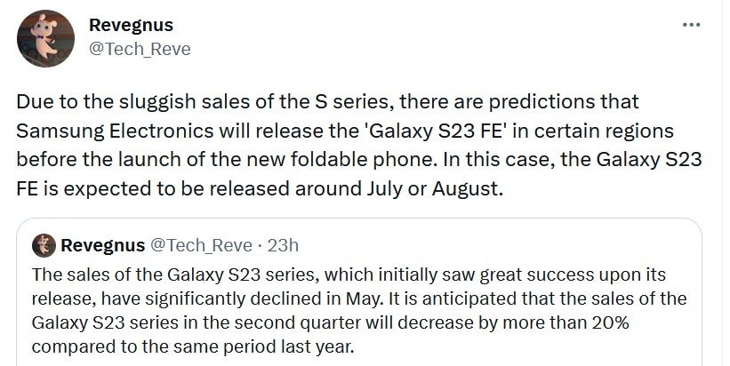 Tipster Revegnus dit que le Galaxy S23 FE pourrait être là dès le mois prochain - Tipster dit que le Galaxy S23 FE arrivera dès le mois prochain en raison de la faiblesse des ventes du Galaxy S23