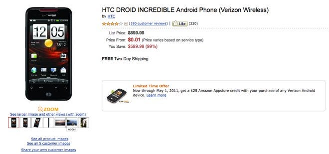 Verizon&#039;s HTC Droid Incredible is fittingly priced at a penny through Amazon