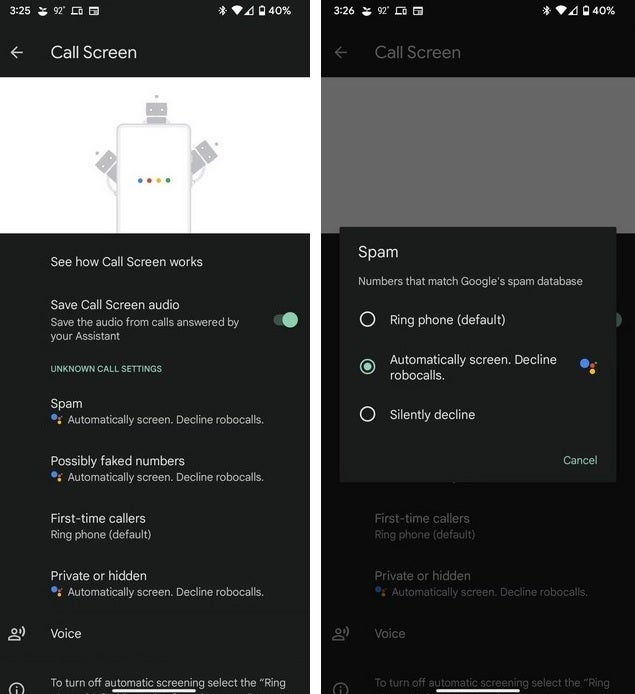 Current Call Screen menu - Google changes Call Screen settings giving users three options to combat unwanted calls