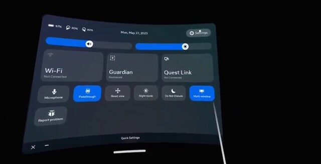 The Passthrough option is right under Wi-Fi (near the bottom left). Note that the black background you see here is a result of the Quest 2&#039;s screen capturing blocking its cameras, for privacy reasons. Rest assured you will be seeing the real world, and not a black void. - How to use Meta Quest 2 as an AR headset: Passthrough, multitasking, hand tracking and more