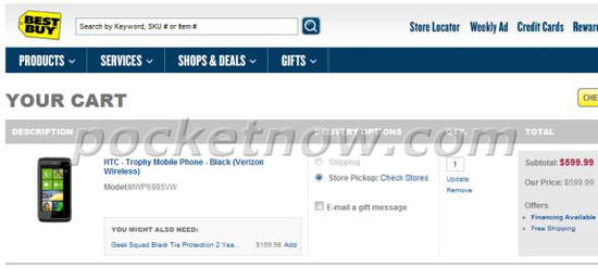 Verizon&#039;s HTC Trophy was briefly spotted up on Best Buy&#039;s web site