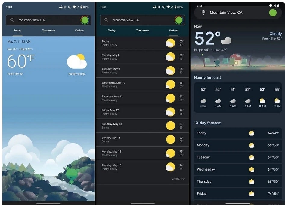 Current Google Weather page at left and center with the Material You makeover at right. Image credit 9to5Google - Hidden code suggests standalone Google Weather app is coming to Android soon