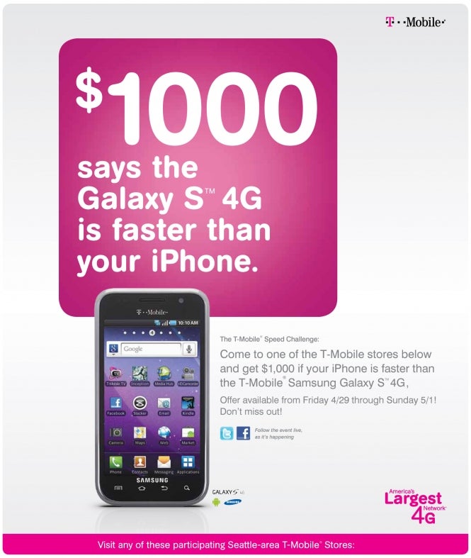 T-Mobile&#039;s Galaxy S 4G challenges the iPhone to a $1000 wireless speed battle