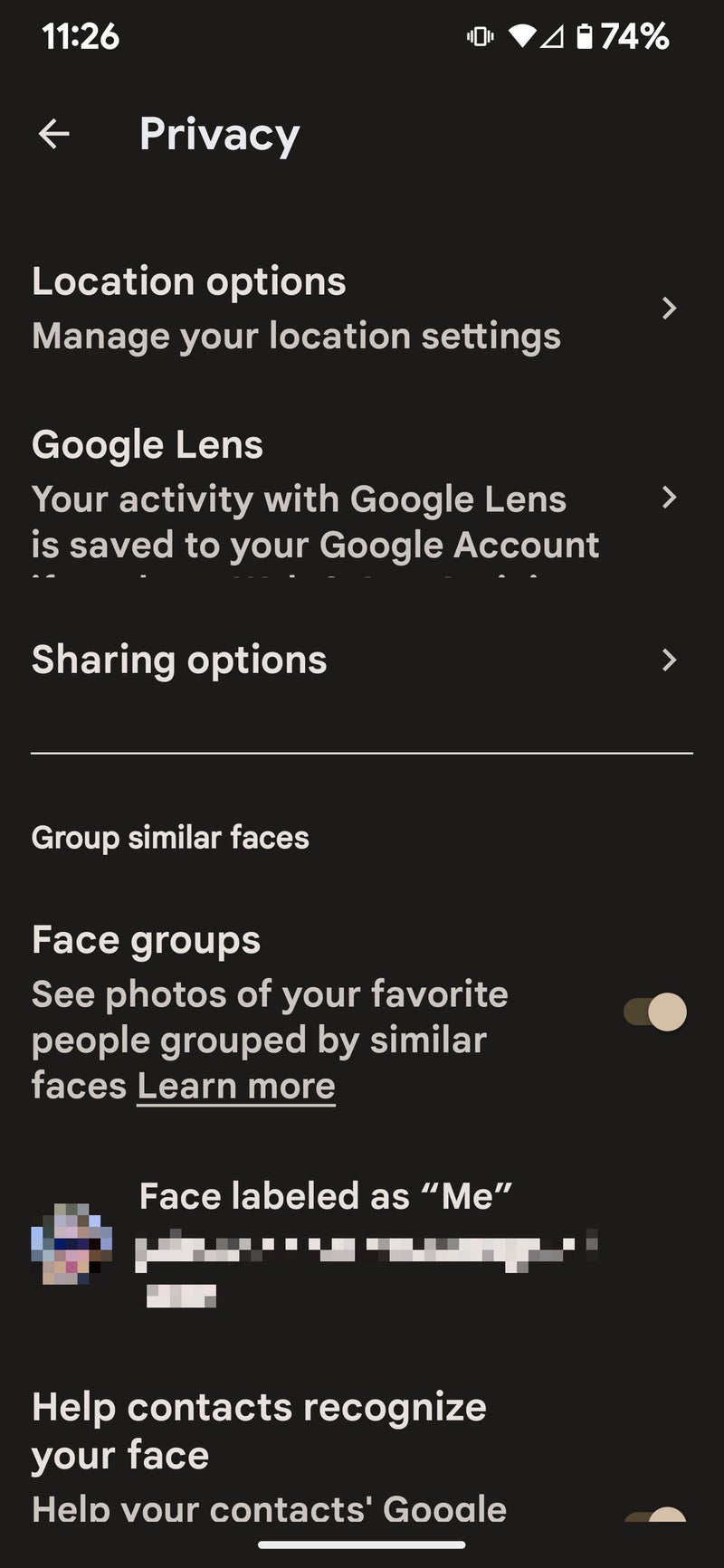 New Google Photos Settings and Sub-Menus