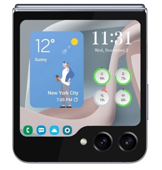 Le rendu montre l'écran de couverture de 3,4 pouces en forme de dossier attendu sur le Galaxy Z Flip 5 - Samsung s'associe à Google pour optimiser les applications pour le plus grand écran de couverture du Flip 5